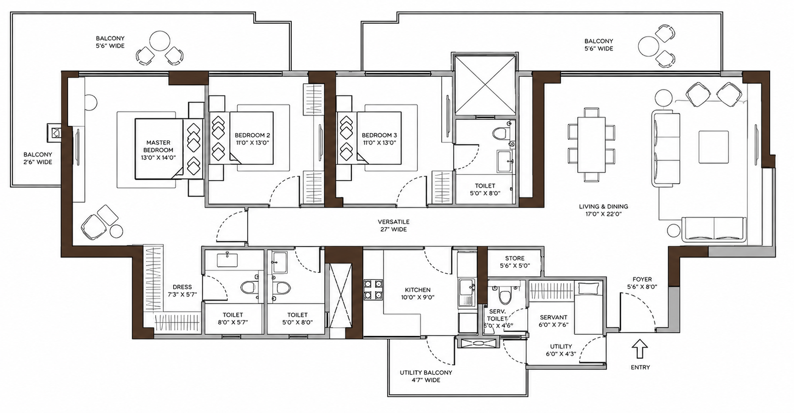 3 BHK + SR Floor Plan