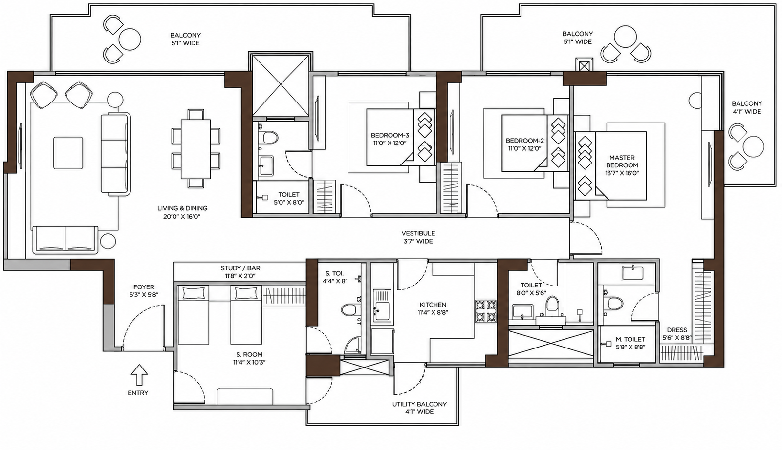 3 BHK + SR Floor Plan